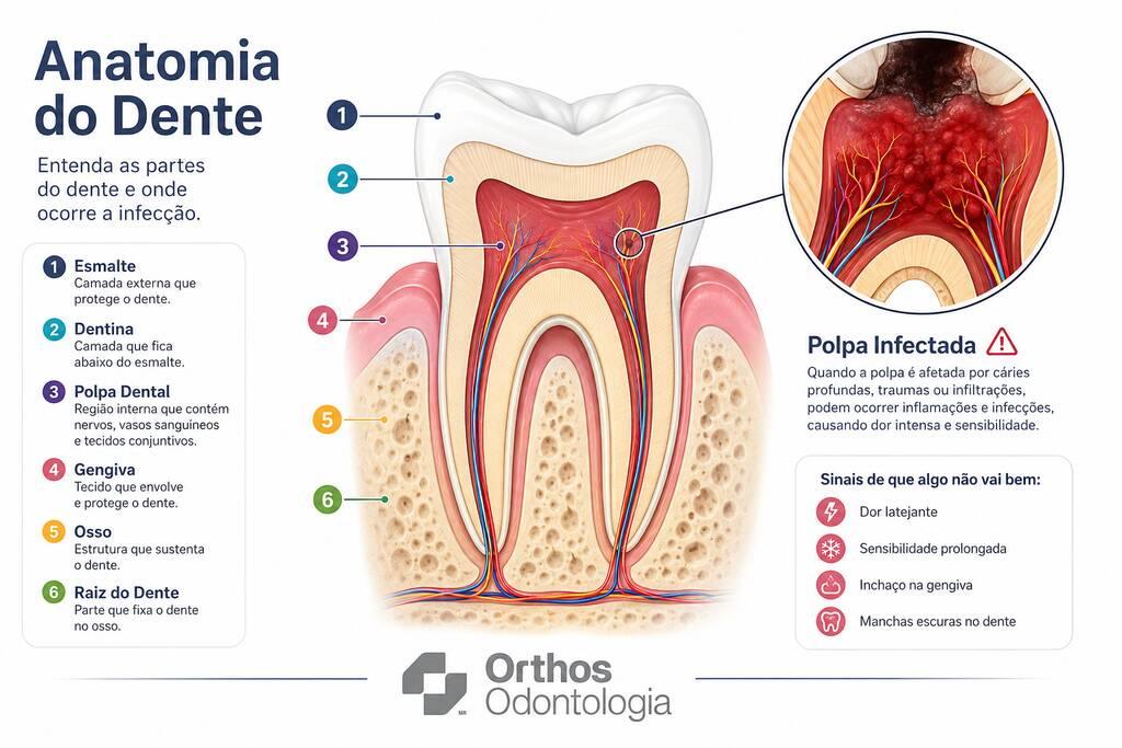 Infográfico mostrando a anatomia do dente, a localização da polpa dentária e a região afetada por infecção que pode exigir tratamento de canal.