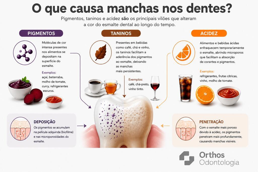 fTabela comparando os principais fatores que contribuem para manchas nos dentes, incluindo café, vinho tinto, chá-preto, refrigerante de cola, molho de tomate, açaí e beterraba, com avaliação de pigmentação, acidez e potencial de manchamento.