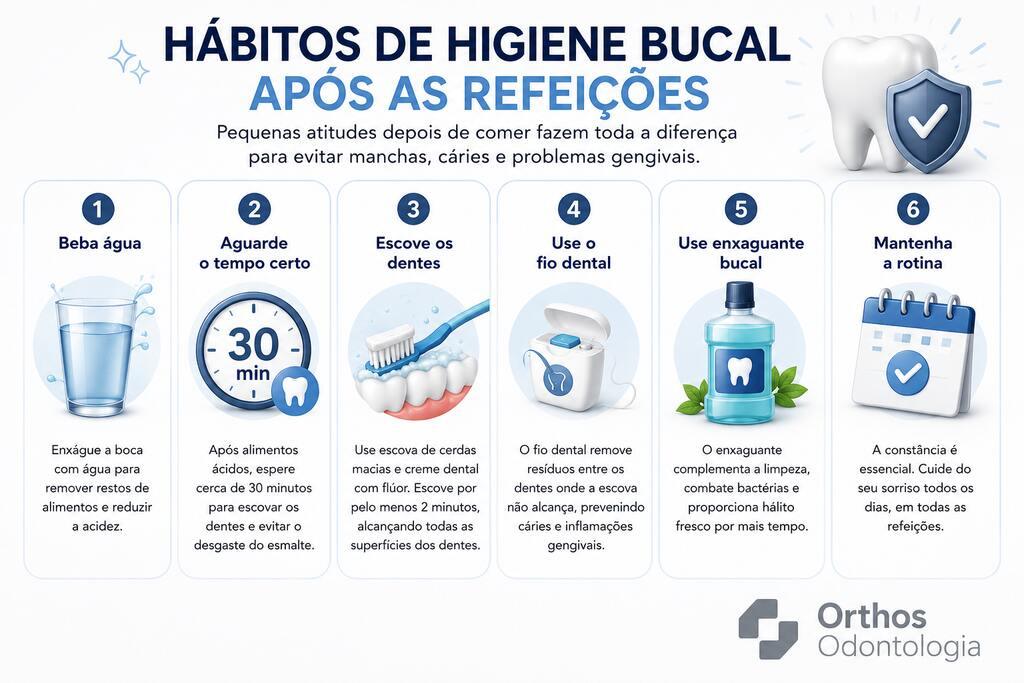 Tabela com os principais hábitos de higiene bucal após as refeições, incluindo beber água, aguardar 30 minutos para escovar os dentes após alimentos ácidos, usar fio dental, enxaguante bucal e manter uma rotina diária de cuidados.