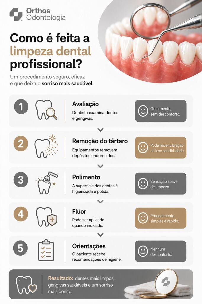 Infográfico mostra como é feita a limpeza dental profissional, desde a avaliação até os cuidados após o procedimento.