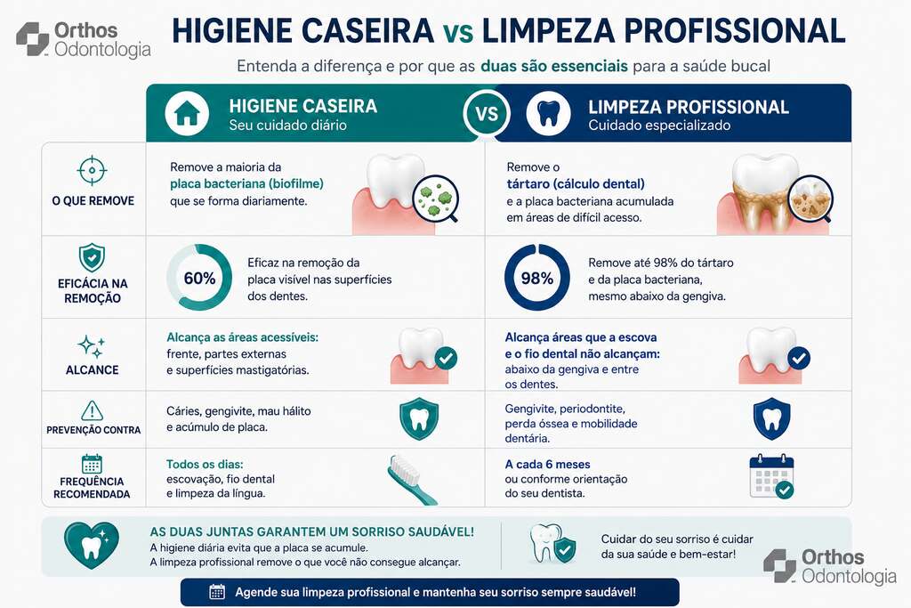 Gráfico comparando higiene caseira e limpeza profissional, mostrando a eficácia na remoção da placa bacteriana e do tártaro, com destaque para os benefícios da limpeza odontológica profissional.