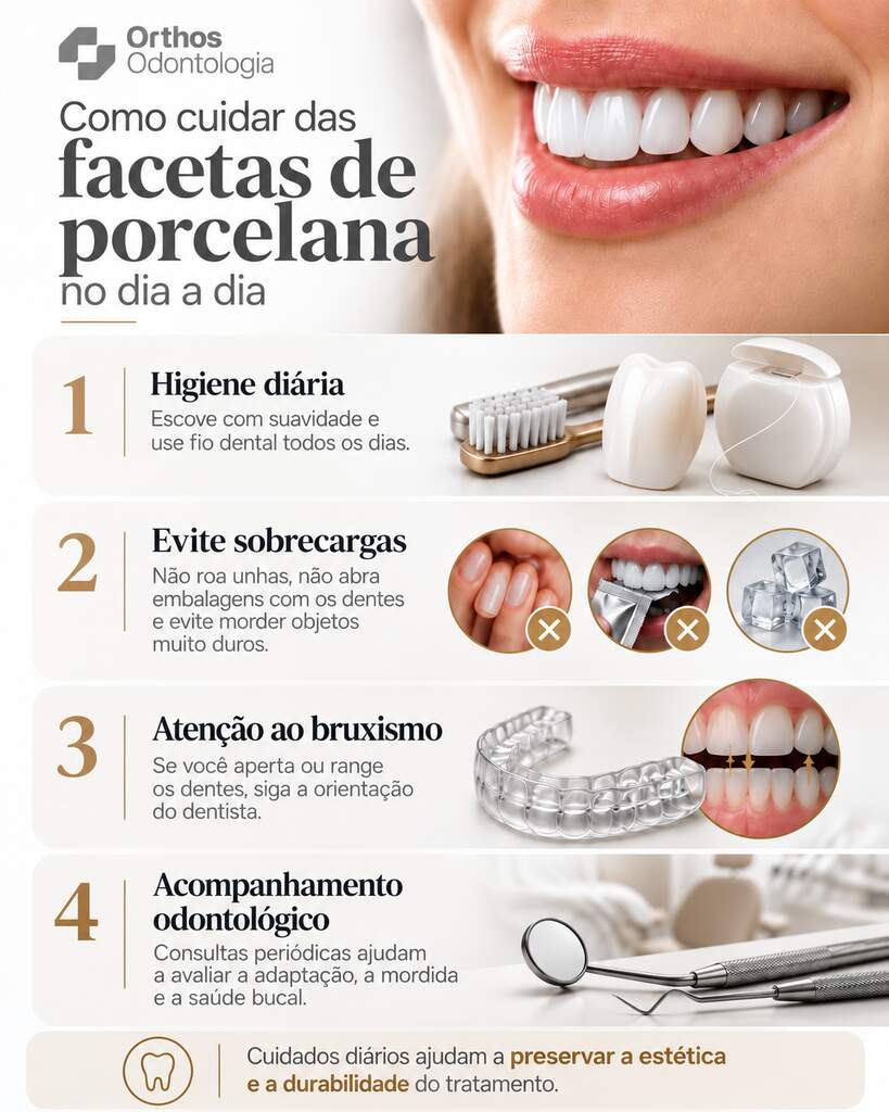Infográfico com higiene, hábitos, bruxismo e acompanhamento para conservar facetas de porcelana por mais tempo.